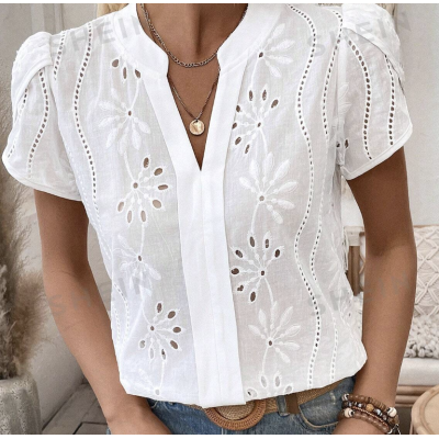 Chemise Femme Col V Cranté À Manches Bouffantes