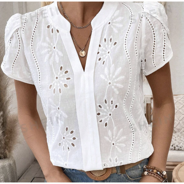 Chemise Femme Col V Cranté À Manches Bouffantes